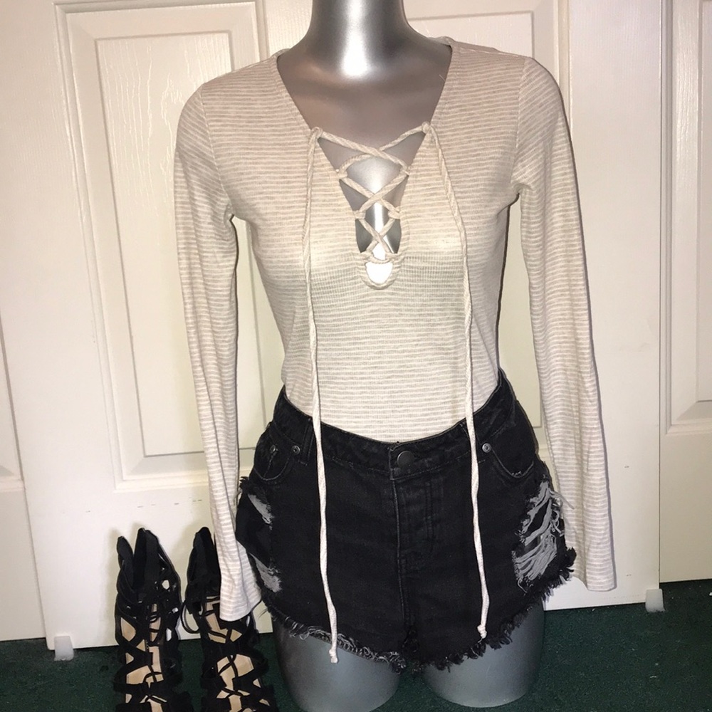 Nude striped lace up front long sleeve